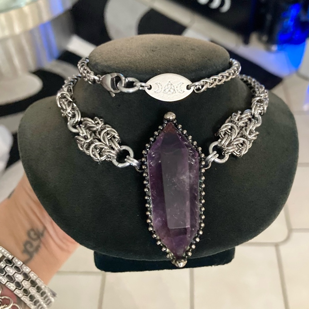 Handmade stainless steel maille necklace genuine big amethyst purple crystal - Picture 9 of 12